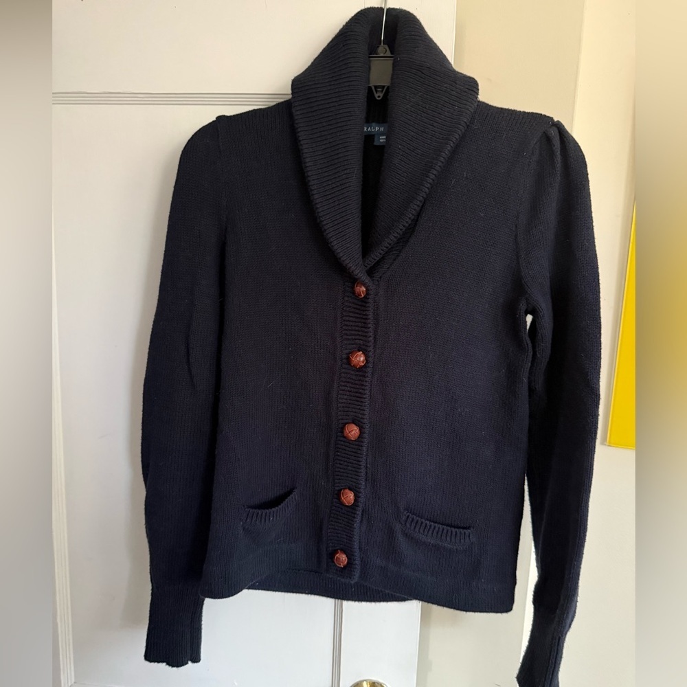Ralph Lauren Blue Label Navy Shawl Collar Cotton Cardigan Women’s Large - Picture 2 of 7